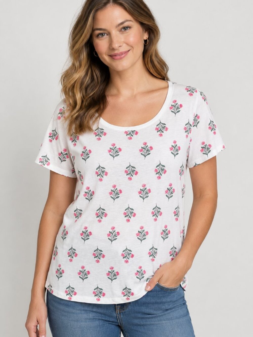 St. John's Bay White Short-Sleeve Scoop Neck Top with Pink Floral Print Size XL
